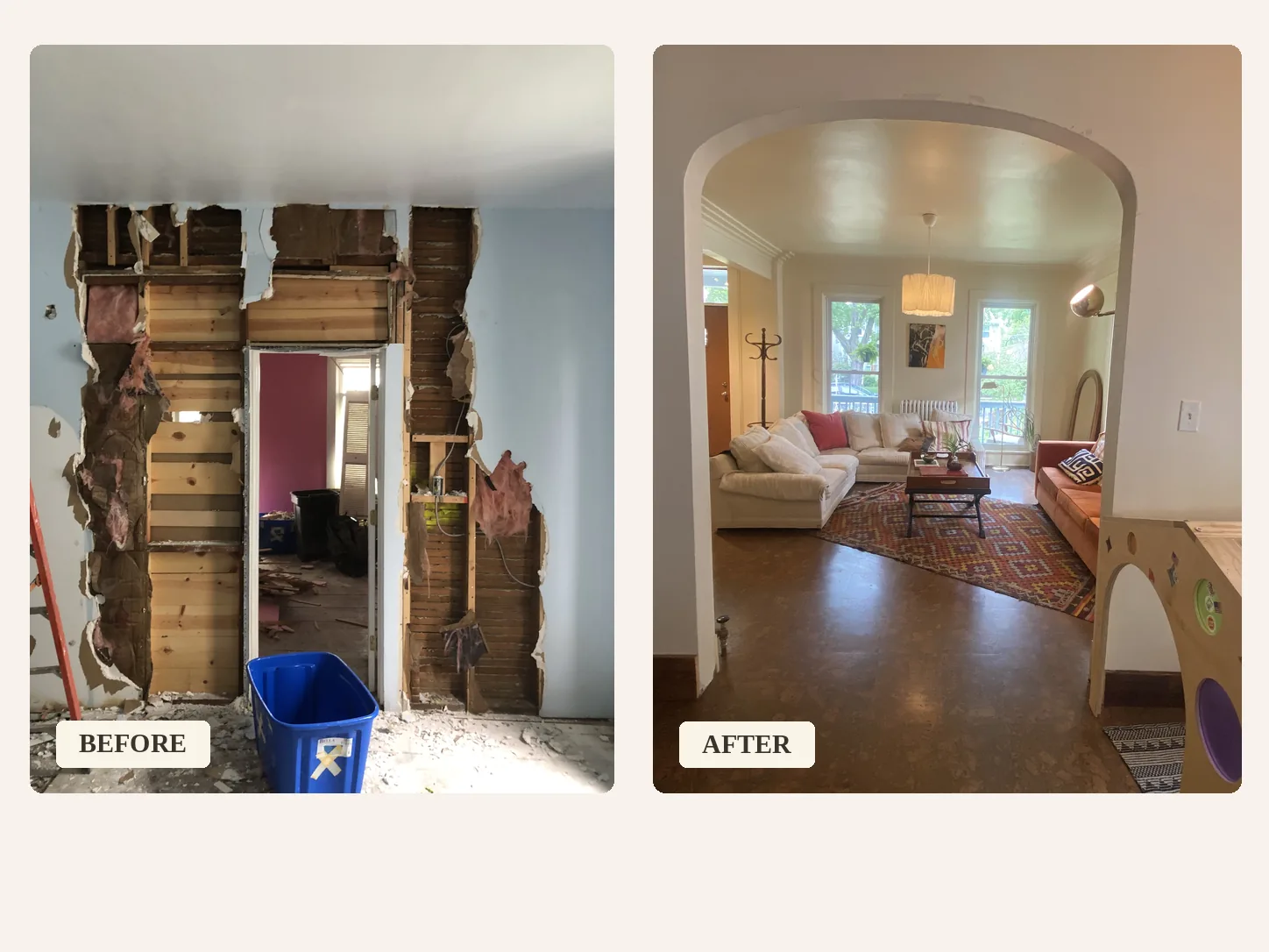 Before and after of a reframed archway and living room during a Chicago whole-house renovation and old house restoration