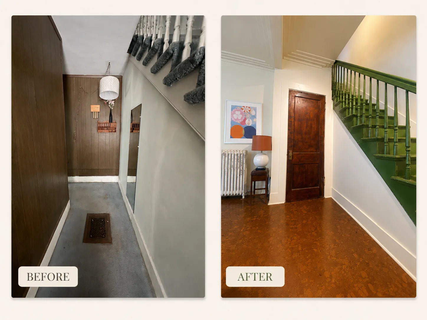 Before and after of a Rogers Park entryway and staircase remodel &mdash; old house restoration and interior renovation in Chicago